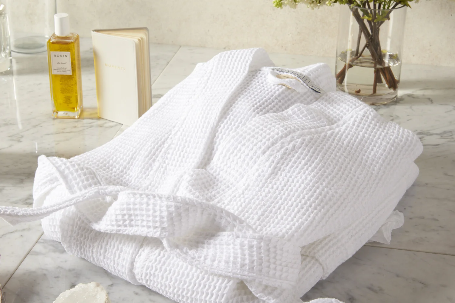 Waffle bathrobe with body oil