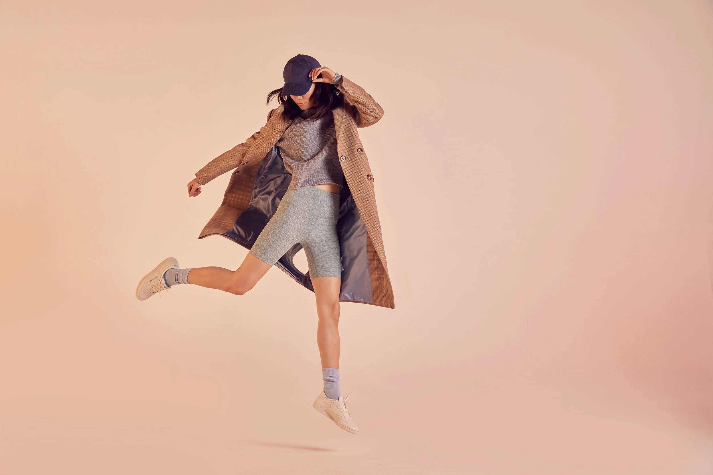 Jump in biker shorts and coat