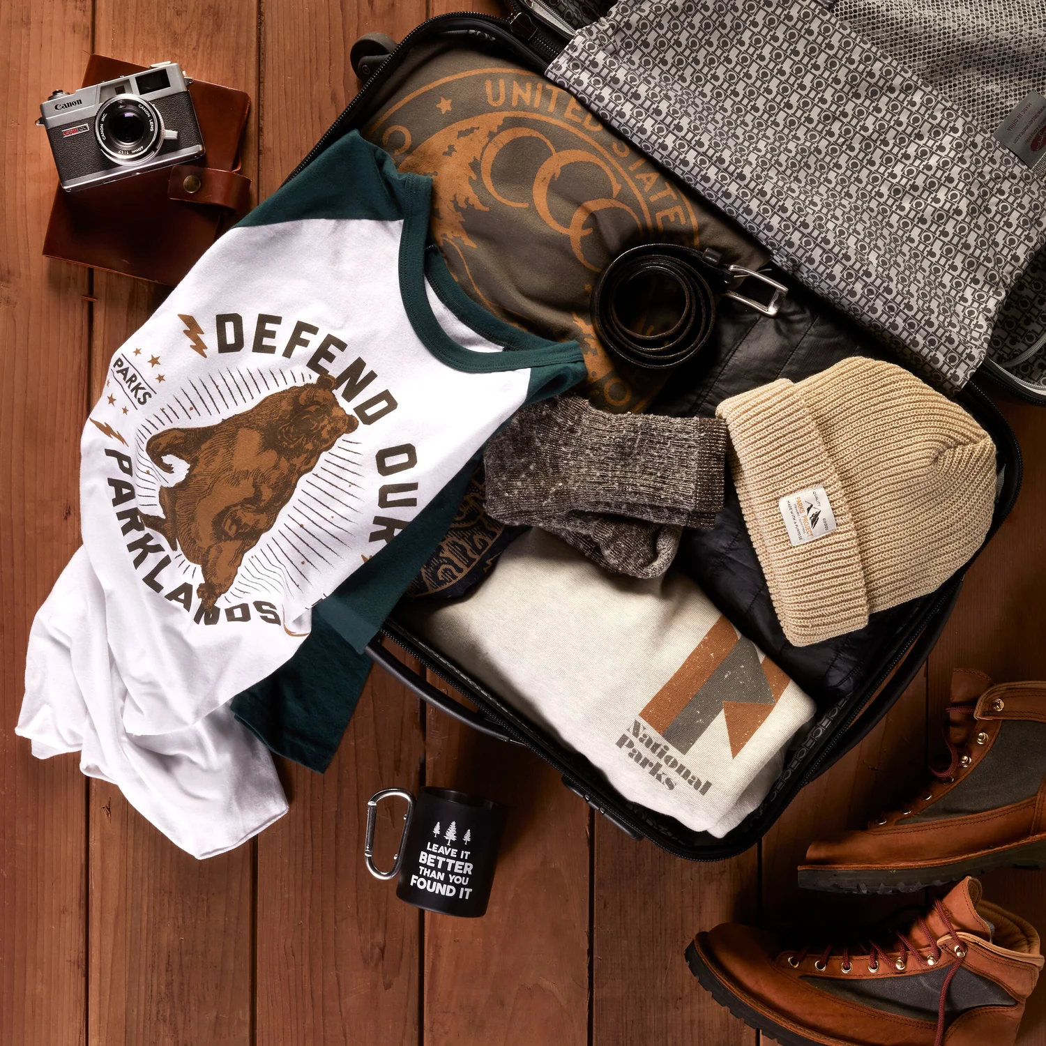 Packed suitcase flat lay