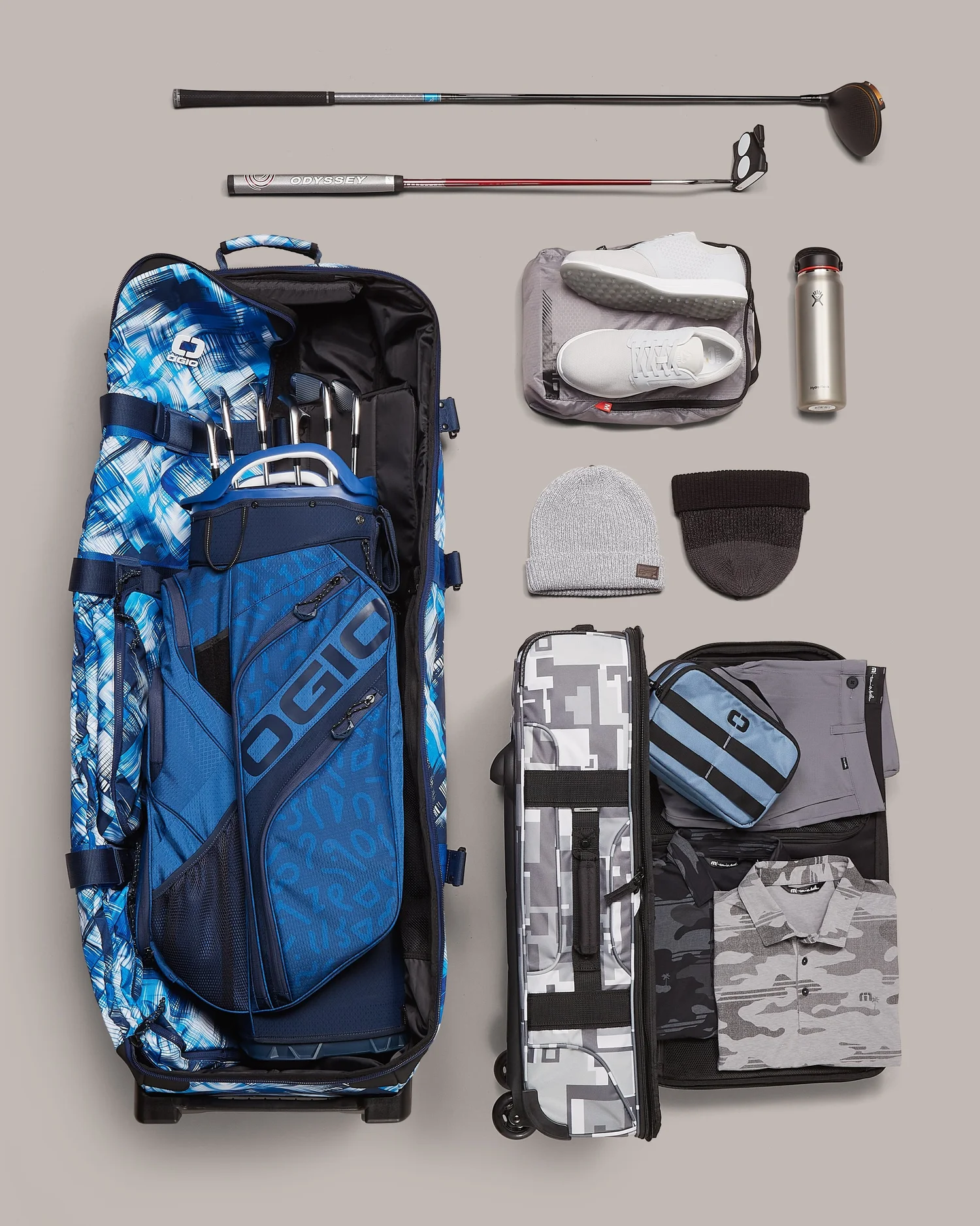 Ogio golf travel gear flat lay