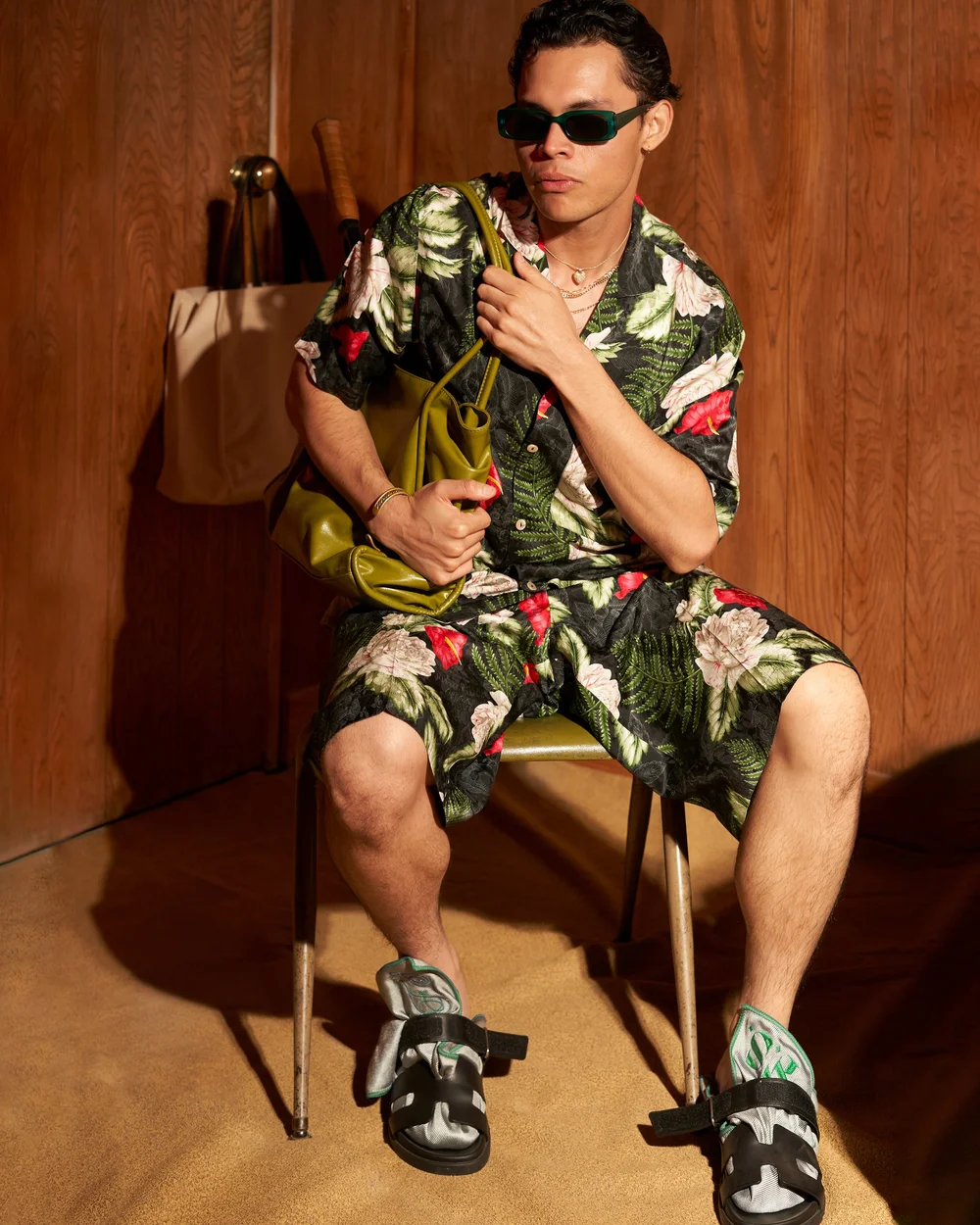 Floral set on wood-paneled chair